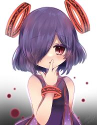  1girl bare_shoulders bracelet child dress emil_chronicle_online finger_to_mouth flat_chest hair_over_one_eye halo jewelry open_mouth phantom_alma purple_dress purple_hair red_eyes red_halo satsuki_atan upper_body 