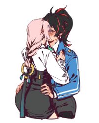  2girls ass black_hair black_skirt blue_jacket blush cowboy_shot dress_shirt fingernails glasses hair_between_eyes hair_ornament high-waist_skirt highres jacket kiss long_hair lycanheiress multicolored_hair multiple_girls orange_eyes pencil_skirt pink_hair police police_uniform policewoman ponytail shirt sidelocks simple_background skirt standing streaked_hair thighs tsukishiro_yanagi two-tone_hair white_background white_shirt yuri zenless_zone_zero zhu_yuan  rating:Sensitive score:15 user:danbooru