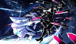  1boy 1girl alternate_form animal_ears armor asriel_dreemurr asriel_dreemurr_(god_of_hyperdeath) bandaged_leg bandages black_sclera breastplate cape colored_sclera december_holiday deltarune dual_wielding duel floating floating_object floating_sword floating_weapon full_body furry furry_male goat_boy goat_ears goat_horns heartbreak_juan helmet highres holding holding_sword holding_weapon horns open_mouth pauldrons shooting_star short_hair shoulder_armor sword weapon white_cape white_hair 
