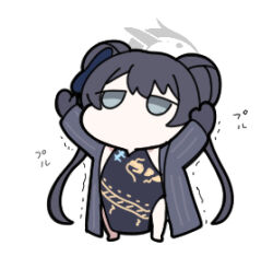  1girl arms_up barefoot black_gloves black_hair blue_archive chibi china_dress chinese_clothes double_bun dress empty_eyes full_body gloves grey_eyes grey_jacket hair_bun halo jacket jitome kisaki_(blue_archive) long_hair lowres nyaru_(nyaru_4126) pinstripe_jacket pinstripe_pattern simple_background sleeveless sleeveless_dress solo standing trembling twintails very_long_hair white_background 