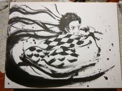  1boy calligraphy_brush_(medium) clenched_teeth commentary_request demon_slayer_uniform haori highres japanese_clothes kamado_tanjirou katana kimetsu_no_yaiba male_focus monochrome photo_(medium) solo sword teeth upper_body weapon yamada_satoshi 
