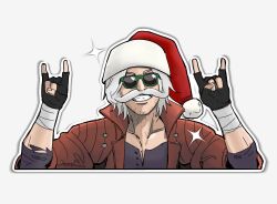  1boy \n/ beard_stubble black_gloves coat commentary dante_(devil_may_cry) devil_may_cry_(series) devil_may_cry_5 english_commentary facial_hair fake_facial_hair fake_mustache fingerless_gloves gloves green-framed_eyewear grin hat jumpoon male_focus portrait red_coat red_hat santa_hat smile solo sparkle stubble sunglasses 