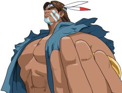 1boy bare_shoulders beckoning bengus brown_hair facepaint forked_eyebrows from_below frown game_cg headdress highres long_hair male_focus muscular muscular_male native_american native_american_headdress non-web_source official_art portrait scowl simple_background solo street_fighter street_fighter_zero_(series) thunder_hawk torn_clothes torn_sleeves upper_body v-shaped_eyebrows white_background white_facepaint