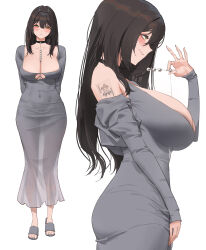  1girl absurdres arm_tattoo black_choker black_hair blush breasts brown_eyes choker cleavage curvy dongtan_dress dress from_side grey_dress highres large_breasts long_hair long_sleeves meme_attire multiple_views original simple_background standing tattoo white_background wonbin_lee  rating:Sensitive score:43 user:danbooru