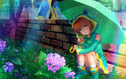 1girl animal_hood antenna_hair brown_hair cardcaptor_sakura cardcaptor_sakura_clear_card_arc detached_sleeves flower frog_hood green_eyes highres hood hydrangea kinomoto_sakura kinomoto_sakura_(frog) looking_at_viewer mutsuki_(moonknives) outdoors pleated_skirt rain raincoat skirt slide solo squatting umbrella rating:General score:7 user:danbooru