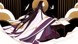  1girl absurdres bird black_hair blunt_ends calligraphy_scroll closed_mouth from_side full_body grey_eyes heian highres holding holding_paintbrush japanese_clothes kimono layered_kimono long_hair long_sleeves looking_to_the_side moon original paintbrush painting_(action) profile solo standing surie table very_long_hair white_kimono wide_sleeves 