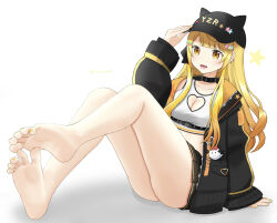 1girl alternate_costume ass barefoot black_choker black_headwear black_jacket blonde_hair blunt_bangs breasts character_name choker cleavage cleavage_cutout clothing_cutout collarbone crop_top fang feet foreshortening full_body gradient_background gradient_hair grey_background hand_up highres hololive jacket legs long_hair long_legs long_sleeves looking_at_viewer medium_breasts miniskirt multicolored_hair nail_polish on_ground open_clothes open_jacket orange_eyes parted_bangs pleated_skirt puffy_sleeves shadow sidelocks sitting skin_fang skirt sleeveless soles solo spread_toes star_(symbol) tamagotozi3420 toenail_polish toenails toes twitter_username virtual_youtuber white_background yozora_mel rating:Sensitive score:19 user:danbooru