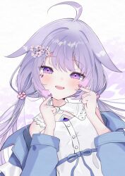  1girl absurdres ahoge blue_jacket chest_jewel gem grey_hair head_tilt highres hololive hololive_english jacket jewel_under_eye koseki_bijou long_hair looking_at_viewer low_twintails open_mouth purple_eyes purple_gemstone purple_nails shirt solo twintails user_eamm7522 virtual_youtuber white_shirt 