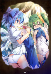 &gt;_&lt; 5girls :o absurdres ass asymmetrical_hair black_panties blue_bow blue_dress blue_eyes blue_hair blue_skirt blush bow butt_crack buttons chima_q cirno closed_eyes clothes_pull daiyousei day detached_wings dress dress_shirt embarrassed fairy_wings green_hair hair_bow hair_ribbon highres holding holding_unworn_clothes holding_unworn_dress hole hole_in_wall ice ice_wings indoors large_bow light_rays looking_at_viewer luna_child multiple_girls nose_blush open_mouth page_number panties peeking pinafore_dress pov profile puffy_short_sleeves puffy_sleeves ribbon scan shirt short_hair short_sleeves side_ponytail sideways_mouth skirt skirt_pull sleeveless sleeveless_dress star_sapphire sunbeam sunlight sunny_milk thigh_gap thighs touhou transparent_wings underwear undressing unworn_dress white_panties white_shirt window wings yellow_bow yellow_ribbon rating:Questionable score:30 user:danbooru