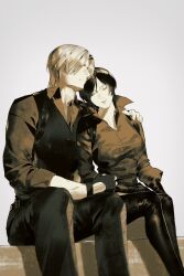  1boy 1girl ada_wong black_gloves black_hair black_pants blonde_hair breasts closed_eyes closed_mouth collared_shirt feet_out_of_frame fingerless_gloves gloves grey_background hand_on_another&#039;s_shoulder hashtag-only_commentary highres kurumi031212 leaning_on_person leon_s._kennedy medium_breasts pants resident_evil resident_evil_6 shirt short_hair sitting swept_bangs 