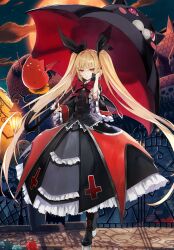 1girl banpai_akira black_boots black_umbrella blazblue blazblue_alternative:_dark_war blonde_hair boots bow bowtie cloud dress familiar flower frilled_dress frilled_sleeves frills full_body full_moon gii hair_ribbon highres holding holding_umbrella long_hair looking_at_viewer moon nago night night_sky official_art outdoors platform_footwear rachel_alucard red_bow red_bowtie red_eyes ribbon rose skirt sky standing twintails umbrella very_long_hair 