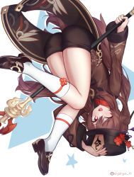 1girl ass ayaya_(ayaya_ri) black_hat black_nails blush brown_hair brown_shoes chinese_clothes flower-shaped_pupils from_behind genshin_impact hat highres hu_tao_(genshin_impact) kneehighs loafers long_hair looking_at_viewer nail_polish one_eye_closed open_mouth polearm red_eyes shoes shorts smile socks solo spear symbol-shaped_pupils very_long_hair weapon white_socks rating:Sensitive score:58 user:armorcrystal