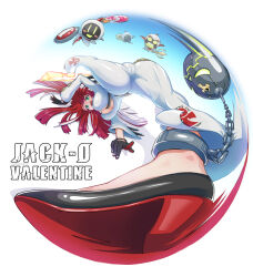  1girl ass bodysuit breasts broken_halo cameltoe chain character_name cleavage full_body guilty_gear guilty_gear_strive halo highres jack-o&#039;_valentine large_breasts long_hair multicolored_hair red_hair simple_background smear_frame two-tone_hair uncleduk white_background white_bodysuit white_hair yellow_halo 