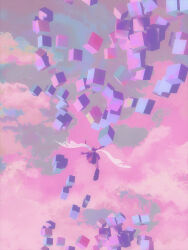  1other braid cube dkaism falling feathered_wings floating floating_object from_behind full_body original outstretched_arms painterly pink_clouds pink_theme scenery solo twin_braids white_wings wings 