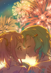  2girls backlighting bang_dream! braid closed_eyes eyelashes fireworks hair_ornament hairclip highres hikari_(mitsu_honey) hikawa_hina imminent_kiss japanese_clothes kimono maruyama_aya multiple_girls pink_eyes pink_hair short_hair yuri 