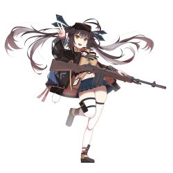  1girl absurdres antenna_hair arm_up battle_rifle black_jacket blue_skirt blush brown_hair brown_shoes commentary full_body girls&#039;_frontline gun hair_ribbon head-mounted_display highres holding holding_gun holding_weapon jacket lanyard long_hair long_sleeves looking_at_viewer m14 m14_(decisive_reinforcement)_(girls&#039;_frontline) m14_(girls&#039;_frontline) nokialia_(sinoteenme) official_alternate_costume open_clothes open_mouth panties pleated_skirt pouch ribbon rifle shoes simple_background skindentation skirt smile solo standing standing_on_one_leg thigh_pouch thighhighs twintails underwear v weapon white_background white_panties white_thighhighs yellow_eyes 