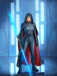  1girl absurdres artist_name artstation_username audia_pahlevi black-framed_eyewear black_boots black_cape black_gloves black_pants blonde_hair blue_eyes blue_lightsaber boots cape deviantart_username double_bladed_lightsaber email_address energy_sword full_body glasses gloves highres holding holding_sword holding_weapon hood hooded_cape indoors lightsaber pants red_cape round_eyewear signature solo standing star_wars star_wars:_the_old_republic sword two-tone_cape watermark weapon web_address 