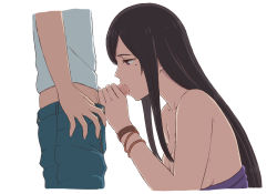 1boy 1girl age_difference black_hair blue_pants bracelet breasts censored cleavage clothes_pull fellatio half-closed_eyes hetero jewelry long_hair medium_breasts mizuno_(pixiv31352320) mole mole_under_eye morishima_hodaka_(tenki_no_ko) mosaic_censoring onee-shota oral pants pants_pull penis profile purple_eyes shirt shota simple_background straight_hair suga_natsumi tenki_no_ko tongue tongue_out topless_female very_long_hair white_background white_shirt rating:Explicit score:974 user:danbooru