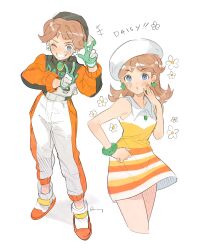  +++ 1girl arm_up aubz blue_eyes brown_hair character_name collared_shirt commentary curly_hair double_w english_commentary gloves green_gloves hand_on_own_hip hat highres mario_(series) mario_kart mario_kart_world multiple_views nintendo official_alternate_costume one_eye_closed pants princess_daisy princess_daisy_(pro_racer) shirt shoes signature simple_background skirt sleeveless sleeveless_shirt smile teeth w white_background white_hat white_pants 