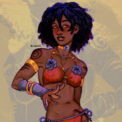  1girl absurdres alternate_design arm_tattoo armlet bikini black_hair blush bracelet breasts bridal_gauntlets choker cleavage commentary dark-skinned_female dark_skin dragona_joestar dreadlocks english_commentary floral_print flower gold_choker gold_necklace highres jewelry jojo_no_kimyou_na_bouken koshfa medium_breasts navel neck_ring necklace o-ring o-ring_bikini o-ring_top orange_bikini orange_eyes orange_lips purple_bridal_gauntlets purple_flower purple_nails shoulder_tattoo solo swimsuit tattoo the_jojolands upper_body very_dark_skin zoom_layer 