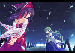 2girls female_focus green_eyes green_hair hakurei_reimu highres iroha_(unyun) kochiya_sanae letterboxed multiple_girls purple_hair shoulder_blades touhou rating:Questionable score:2 user:danbooru
