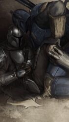  2boys brown_cloak character_request check_copyright cloak commentary copyright_request feet_out_of_frame full_body hand_on_another&#039;s_knee helmet highres male_focus mandalorian_armor mandalorian_helmet multiple_boys on_ground star_wars the_mandalorian tworain_w 
