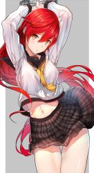  1girl akaitera arms_up border breasts contrapposto cowboy_shot female_focus grey_background hair_between_eyes houraiji_yuri long_hair long_sleeves looking_at_viewer midriff miniskirt namapo_aniki navel parted_lips pleated_skirt red_hair school_uniform serafuku simple_background skirt solo thigh_gap thighs very_long_hair white_border wind wind_lift yellow_eyes  rating:Sensitive score:74 user:PietroSoft