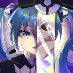  1girl 1other absurdres aqua_eyes aqua_hair dragon dragon_miku_(project_voltage) hair_between_eyes hatsune_miku highres holding holding_sword holding_weapon miraidon nintendo official_alternate_costume official_alternate_hairstyle open_mouth poke_ball_symbol pokemon project_voltage reflection stellaxin2611 sword twintails twitter_username vocaloid weapon 