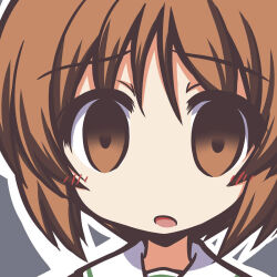  blush brown_eyes brown_hair chibi deformed fictional_sister girls_und_panzer green_skirt grey_background neckerchief nishizumi_miho no_nose ooarai_school_uniform open_mouth sailor_collar school_uniform serafuku shirt short_hair simple_background skirt upper_body white_sailor_collar white_shirt 