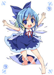 1girl bad_id bad_pixiv_id barefoot blue_hair circled_9 cirno feet female_focus full_body gradient_hair kishiri_toworu miyao_ryuu multicolored_hair panties pantyshot phantasmagoria_of_flower_view reflection ribbon simple_background smile solo touhou underwear v-shaped_eyebrows white_background wings rating:Sensitive score:5 user:danbooru
