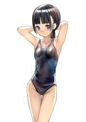  1girl absurdres arm_up armpits arms_up bare_shoulders black_hair blue_eyes blue_one-piece_swimsuit blush breasts closed_mouth covered_navel emutsuichi highres long_hair looking_at_viewer navel one-piece_swimsuit original school_swimsuit simple_background small_breasts smile solo standing swimsuit thighs white_background 