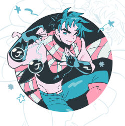  1boy :p battle_tendency black_gloves black_shirt bola_(weapon) boots clacker crop_top drawn_star fingerless_gloves gloves gogeyama green_eyes green_hair green_pants highres jojo_no_kimyou_na_bouken joseph_joestar limited_palette male_focus midriff multicolored_scarf muscular muscular_male navel orange_boots orange_scarf pants scarf shirt solo striped_clothes striped_scarf tongue tongue_out yellow_scarf zoom_layer 