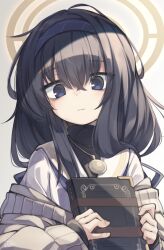  1girl bags_under_eyes black_hair blue_archive blue_eyes blue_hairband book brown_cardigan brown_halo cardigan closed_mouth crossed_bangs eyes_visible_through_hair frown grey_background hair_between_eyes hair_over_shoulder hairband halo highres holding holding_book jewelry light_blush long_hair long_sleeves looking_at_viewer natsuki_teru pendant sailor_collar school_uniform serafuku shirt sidelocks sleeves_past_wrists solo straight_hair turtleneck ui_(blue_archive) upper_body white_sailor_collar white_shirt 