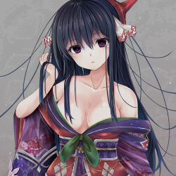  black_hair breasts emil_chronicle_online empty_eyes hair_ornament highres japanese_clothes kimono kiyohime_lore long_hair looking_at_viewer medium_breasts messy_hair purple_eyes se34tai undressing 