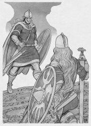  1boy 1girl armor artist_name boots brunhilda_(mythology) cape chainmail christian_sloan_hall dagger graphite_(medium) greyscale helmet highres holding holding_sword holding_weapon knife long_hair monochrome norse_mythology roman_numeral runes shield siegfried_(nibelungenlied) sword traditional_media valkyrie viking weapon 