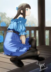  1girl absurdres aqua_eyes bare_shoulders belt_around_waist bench between_legs black_pantyhose blue_dress blue_flower blue_skirt blunt_bangs braid brown_hair crown_braid dress feet flower frilled_skirt frills from_side hair_flower hair_ornament half_up_braid hand_between_legs high-waist_skirt highres legs long_hair looking_ahead maburoku no_shoes off-shoulder_shirt off_shoulder on_bench original pantyhose puffy_short_sleeves puffy_sleeves rain shirt short_sleeves signature sitting skirt soles strapless strapless_shirt toes twitter_username wooden_bench 