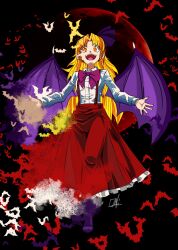  1girl bat_(animal) bat_wings blonde_hair bow elis_(touhou) fangs hair_bow highly_responsive_to_prayers long_hair long_sleeves moon oni1994 open_mouth pointy_ears red_bow red_eyes red_moon shirt skirt smile solo touhou touhou_(pc-98) vampire vest wings 