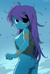  1girl adult_swim angry artist_name ass backpack bag bandaged_arm bandaged_wrist bandages blood bloody_tears blue_skin blue_theme breasts clenched_hand closed_mouth cloud cloudy_sky colored_skin eyepatch female_focus frown furrowed_brow glaring learning_with_pibby long_hair looking_at_another looking_at_viewer looking_back messy_hair nude oyatsu_(mk2) pibby purple_hair sky small_breasts solo very_long_hair  rating:Explicit score:18 user:Abraham01134