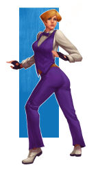  1girl ass blonde_hair blue_eyes bow bowtie female_focus formal_clothes from_behind funeralwind gloves king_(snk) long_sleeves looking_at_viewer looking_back pale_skin pants purple_pants shirt shoes short_hair standing suit the_king_of_fighters thick_thighs thighs tuxedo white_shirt wide_hips 