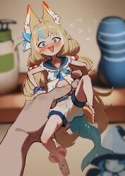  1boy 1girl :3 :d absurdres ahoge animal_ear_fluff animal_ears artificial_vagina bare_arms bare_legs blonde_hair blue_eyes blue_hair blue_sailor_collar blunt_bangs blurry blurry_background blush cat_ears commentary dingotoad dress elden_ring english_commentary fang feet fins fish_tail flying_sweatdrops frilled_sailor_collar frills fumo_(doll) highres holding holding_mini_person indie_virtual_youtuber indoors innertube_hair_ornament long_hair looking_at_viewer low_twintails mini_person minigirl multicolored_hair one_side_up open_clothes open_dress open_mouth pov pov_hands ranni_the_witch sailor_collar sailor_dress sameko_saba sex_toy shorts single_bare_foot sleeveless sleeveless_dress smile soap_bottle solo_focus streaked_hair tail toes twintails two-tone_hair very_long_hair virtual_youtuber white_shorts 