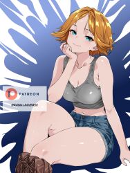 1girl absurdres blue_eyes breasts dot_nose edith_(mlbb) eyebrows_hidden_by_hair eyelashes highres mobile_legends:_bang_bang orange_hair rhinnuniverse short_hair shorts simple_background solo stomach thighs  rating:Sensitive score:4 user:cci