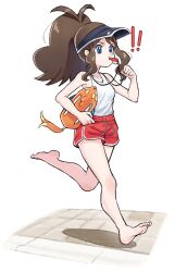 1girl absurdres blue_eyes breasts brown_hair buoy collarbone grimmelsdathird hat high_ponytail highres hilda_(pokemon) holding holding_surfboard lifeguard long_hair nintendo pokemon pokemon_bw ponytail red_shorts running shirt shorts sidelocks solo surfboard tank_top visor_cap whistle whistle_around_neck white_shirt white_tank_top 