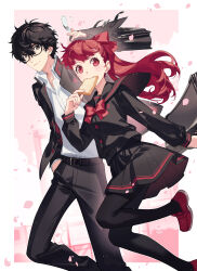  1boy 1girl absurdres alternate_costume amamiya_ren animal bag belt belt_buckle black-framed_eyewear black_bag black_belt black_eyes black_hair black_jacket black_pants black_pantyhose black_sailor_collar black_serafuku black_skirt bow bowtie bread bread_slice buckle cat cat_tail cherry_blossoms closed_mouth collared_shirt commentary_request floating_hair flying_sweatdrops food food_in_mouth glasses hair_ribbon hand_in_pocket highres holding holding_bag jacket long_hair messy_hair miniskirt morgana_(cat)_(persona_5) morgana_(persona_5) mouth_hold open_clothes open_jacket pants pantyhose persona persona_5 persona_5_the_royal petals pleated_skirt ponytail red_bow red_bowtie red_eyes red_hair red_ribbon red_shoes ribbon running sailor_collar school_bag school_uniform serafuku shirt shoes short_hair skirt smile tail toast toast_in_mouth tsubsa_syaoin white_shirt yoshizawa_kasumi 