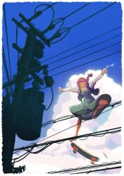  1girl black_jacket blush bocchi_the_rock! braid closed_eyes cloud dress full_body geta green_dress highres hiroi_kikuri jacket midair motion_blur multicolored_jacket open_clothes open_jacket open_mouth purple_hair qwetzo skateboard skateboarding solo two-tone_jacket white_jacket 