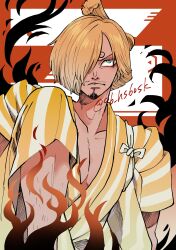  1boy 96_hs60sk blonde_hair blue_eyes chonmage closed_mouth commentary_request curly_eyebrows facial_hair fire goatee hair_over_one_eye highres japanese_clothes kimono male_focus mustache one_piece sanji_(one_piece) solo striped_clothes striped_kimono topknot twitter_username upper_body vertical-striped_clothes vertical-striped_kimono 