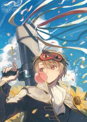  1boy artist_logo artist_name ascot blowing_bubble_gum blue_sky brown_hair chewing_gum cloud confetti flower gintama hand_up highres holding holding_weapon jacket logo long_sleeves looking_to_the_side lulu_7825 m1_bazooka male_focus okita_sougo open_clothes open_jacket red_eyes rocket_launcher shinsengumi_(gintama) short_hair sky sleep_mask solo sunflower weapon white_ascot 