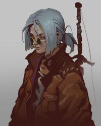  absurdres highres jacket looking_at_viewer open_clothes open_jacket original shirt sunglasses sword sword_on_back weapon weapon_on_back white_background white_hair white_shirt zhoumo_fangjia  rating:General score:0 user:Anonymous