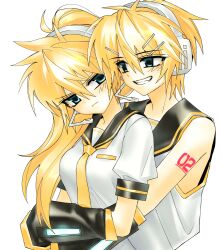  1boy 1girl 2000s_(style) absurdres blonde_hair blue_eyes blush detached_sleeves genderswap genderswap_(ftm) genderswap_(mtf) headset highres hynn0x_x kagamine_len kagamine_lenka kagamine_rin kagamine_rinto necktie ponytail sailor_collar smile vocaloid yellow_necktie 