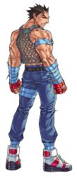  1boy absurdres ankle_wrap belt blue_pants clenched_hands edaki_shin&#039;ya fingerless_gloves full_body game_cg gloves highres ichimonji_batsu justice_gakuen leg_wrap looking_at_viewer looking_back male_focus mesh moero!_justice_gakuen multicolored_hair non-web_source official_art pants red_gloves scar scar_on_arm scar_on_face scar_on_forehead scar_on_shoulder shoes simple_background sleeveless smile sneakers solo standing veins veiny_arms veiny_hands white_background 