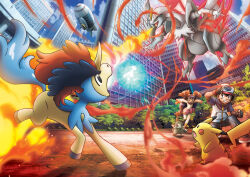  1boy 1girl :o absurdres aircraft arm_up artist_request ash_ketchum axew baseball_cap black_gloves black_pants blue_sky bow breath_weapon breathing_fire brown_eyes building bush city clenched_hands clenched_teeth cloud colored_sclera dark-skinned_female dark_skin day dirigible dragon embers energy_ball fingerless_gloves fire gen_1_pokemon gen_5_pokemon gloves hat highres hood hood_down hooded_jacket horns iris_(pokemon) jacket keldeo keldeo_(ordinary) kyurem legendary_pokemon long_hair long_sleeves mythical_pokemon nintendo nostrils official_art open_mouth pants pikachu pink_bow poke_ball_print pokemon pokemon_(anime) pokemon_(creature) pokemon_bw_(anime) pokemon_the_movie:_kyurem_vs._the_sword_of_justice purple_hair red_eyes running sharp_teeth shoes short_sleeves single_horn sky squatting teeth third-party_source tree twintails very_long_hair white_eyes white_kyurem white_kyurem_(overdrive) yellow_sclera 